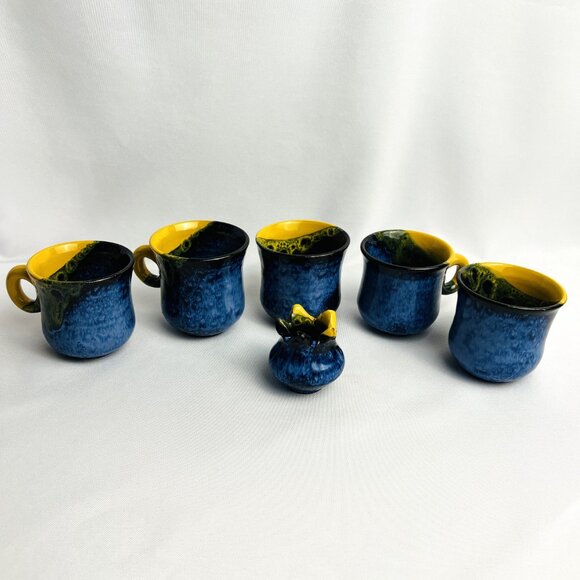 Studio Art Handcrafted Demitasse Cups Red Clay Pottery Blue Yellow Glaze 5 pcs. - Picture 8 of 9